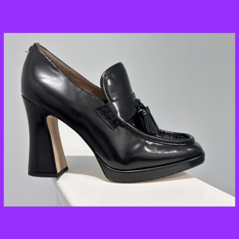 New SAM EDELMAN "Jed" Shiny Black Platform Square Toe Loafer - Size 9.5